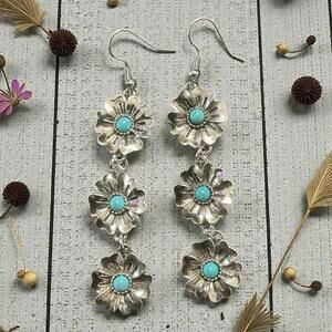 Silver Floral Dangle Earrings NWOT Boho Western Turquoise Accent Drop Pierced
